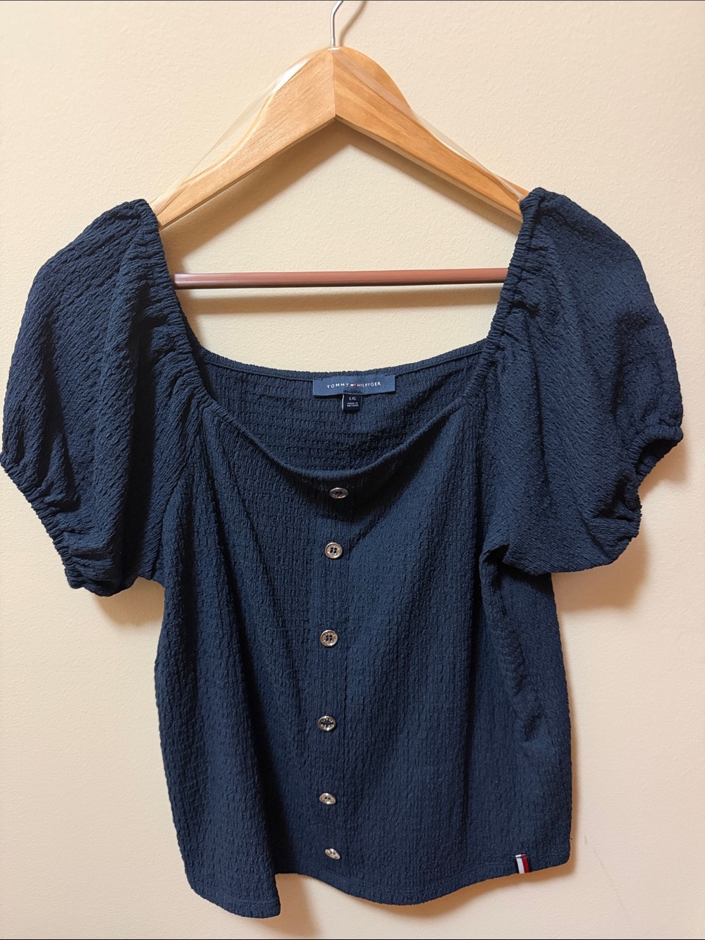 Tommy Hilfiger Navy Textured Puff Sleeve Button-Up Top